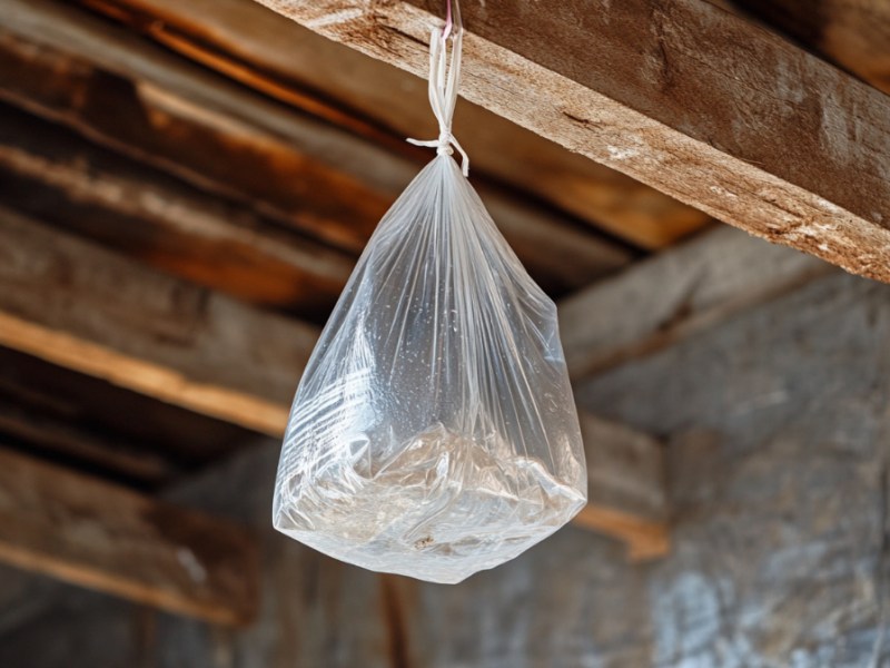 Ein mit Wasser gefüllter Plastikbeutel hängt an einem Holzbalken.