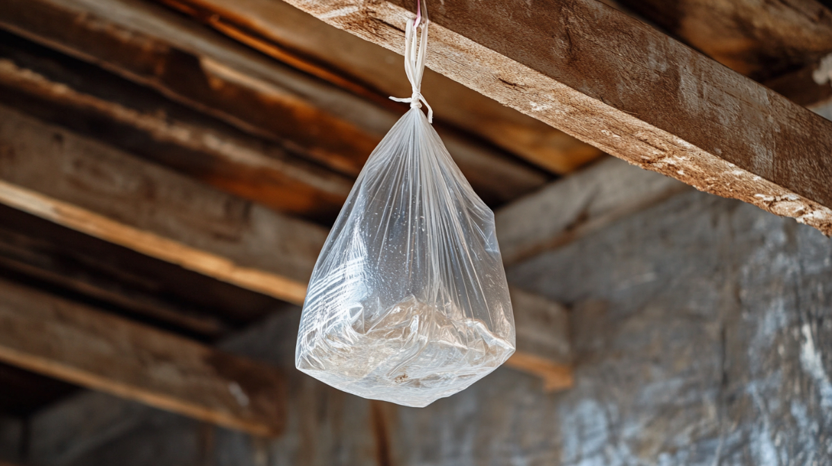 Ein mit Wasser gefüllter Plastikbeutel hängt an einem Holzbalken.