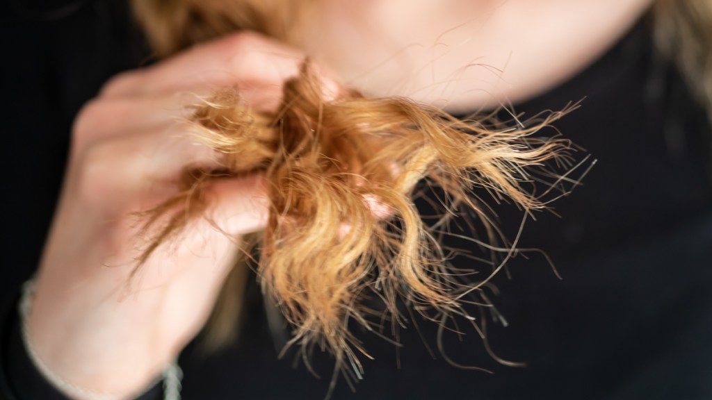 Eine rot-blonde Frau zeigt ihre splissigen Haare in die Kamera.