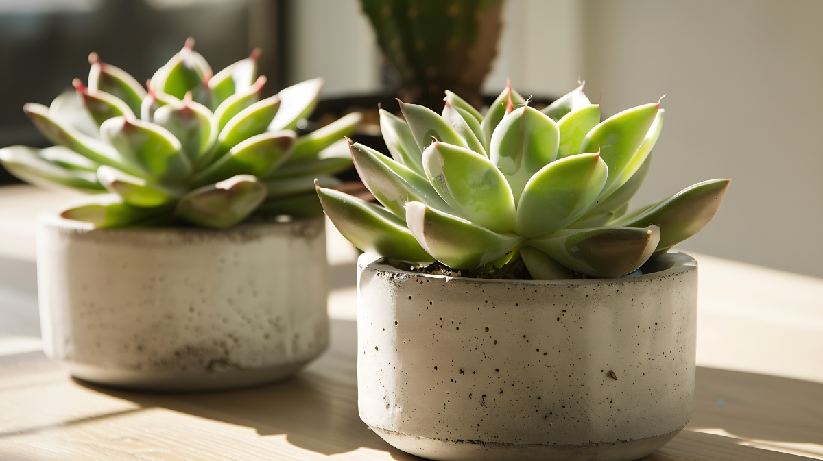 DIY-Blumentöpfe aus Beton mit Sukkulenten stehen auf einem Tisch.