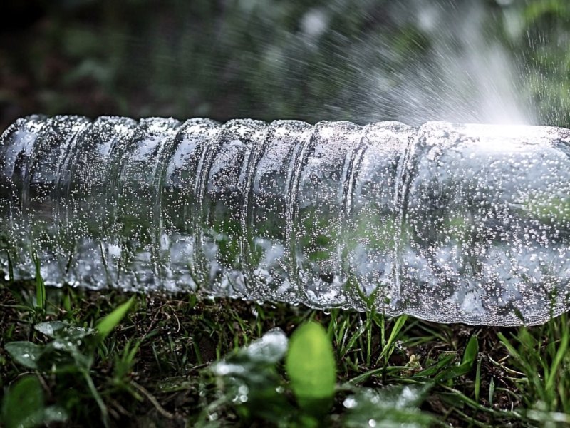 Ein Bild zeigt, wie man den Rasen mit einer Plastikflasche bewässern kann.