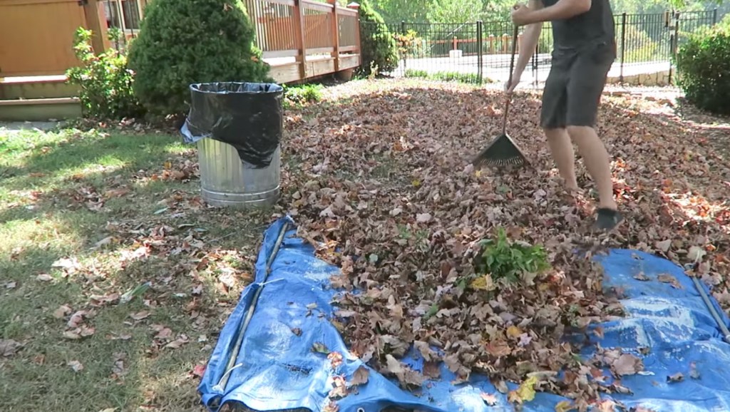 Ein Mann fegt Herbstlaub in einem Garten auf eine blaue Plastikplane.