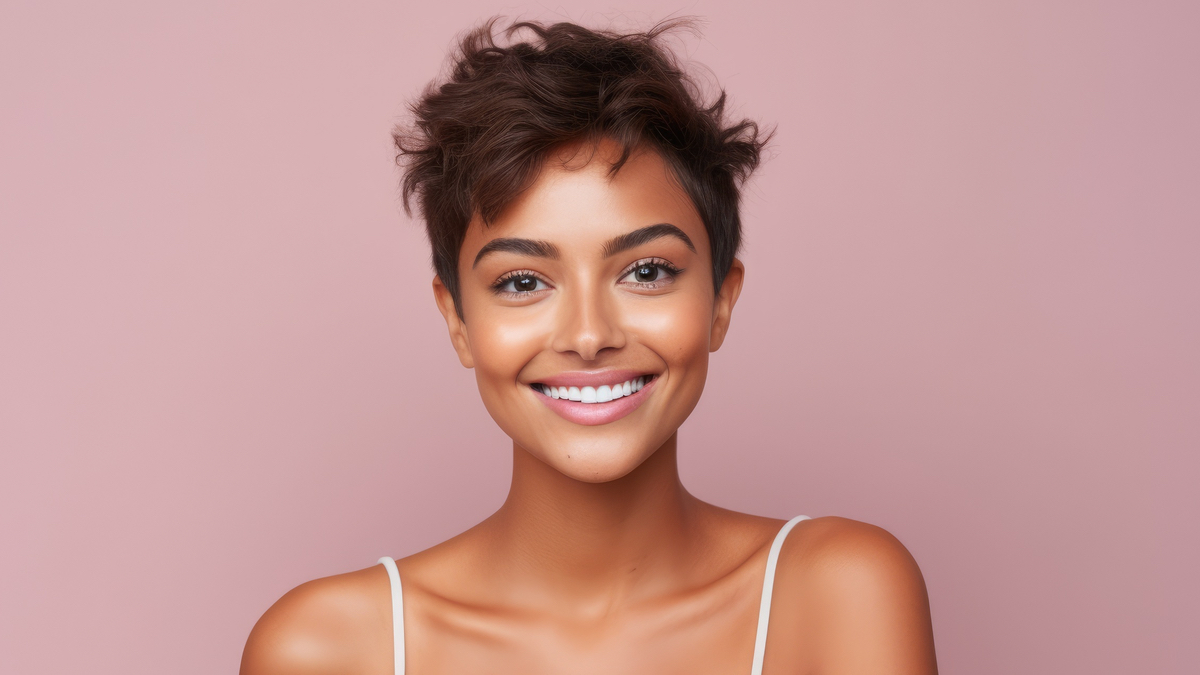 Eine junge Frau mit Pixie Cut steht vor einem rosa Hintergrund.