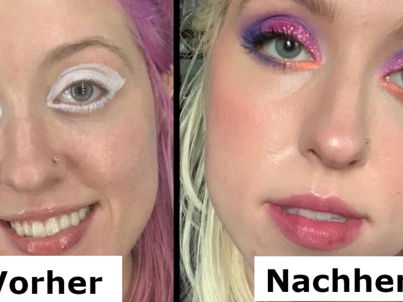 Vorher-nachher-Bild von weißem Base-Lidschatten auf den Augen