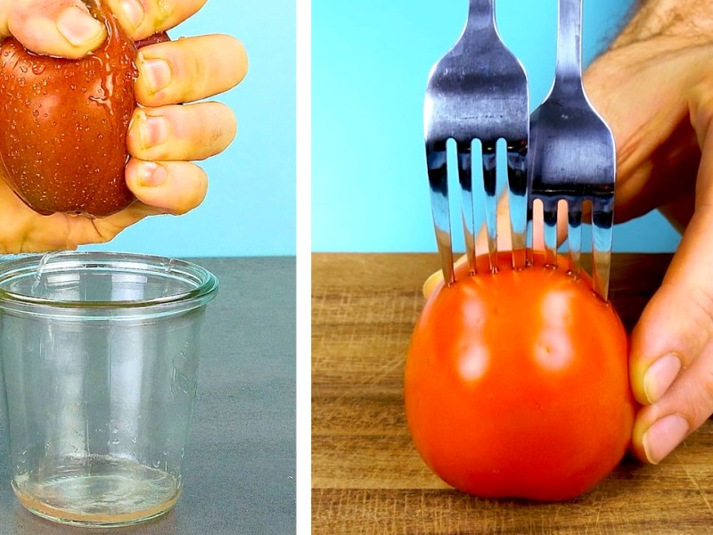 Rechts wird Apfel für Apfelsaft ausgedrückt, links werden Gabeln in Tomate gesteckt