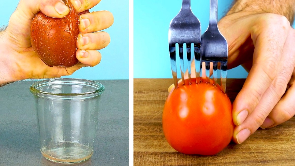Rechts wird Apfel für Apfelsaft ausgedrückt, links werden Gabeln in Tomate gesteckt