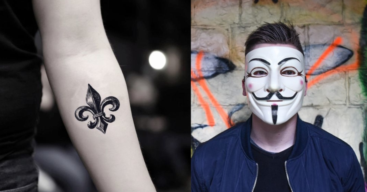 Lilie als Tattoo und Guy-Fawkes-Maske
