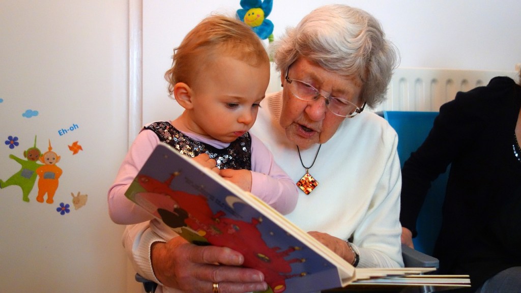 Oma liest Enkel aus einem Buch vor