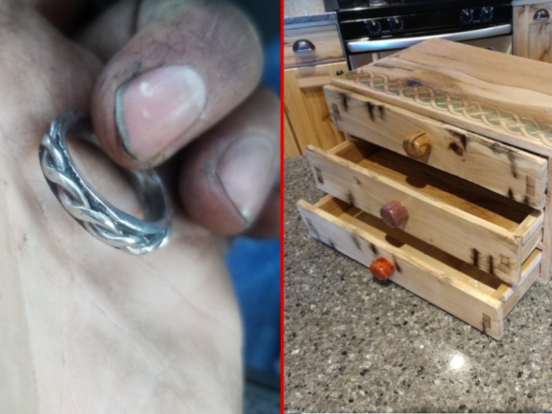 Geschliffener Ring und Schmuckkästchen aus Holz