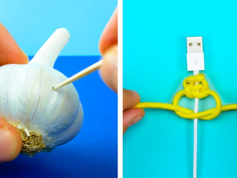 Auf der linken Seite sieht man eine Knoblauchknolle, in die Zahnstocher gestochen werden. Auf der rechten Seite sieht man ein USB-Kabel, an dem gelbe Kordel geknotet wird