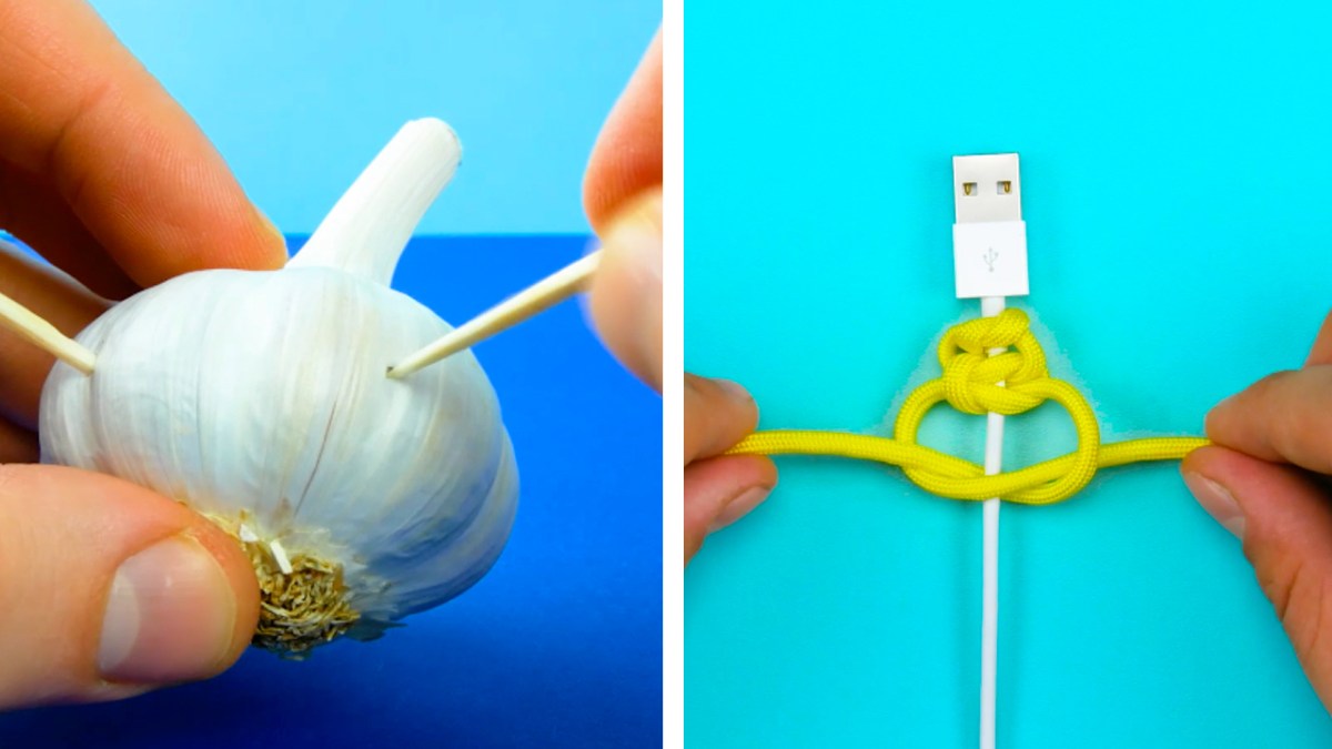 Auf der linken Seite sieht man eine Knoblauchknolle, in die Zahnstocher gestochen werden. Auf der rechten Seite sieht man ein USB-Kabel, an dem gelbe Kordel geknotet wird