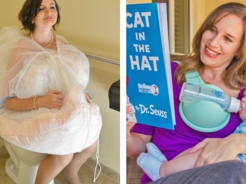 Splitbild. Links sieht man eine Frau im Brautkleid, die mithilfe eines Slips ihr Brautkleid rafft, um auf die Toilette zu gehen. Rechts sieht man eine Frau mit Baby im Arm, die ein Buch in der Hand hält und mithilfe eines Flaschenhalters, die sie um die Schulter geschnallt hat, das Baby mit Flasche füttert