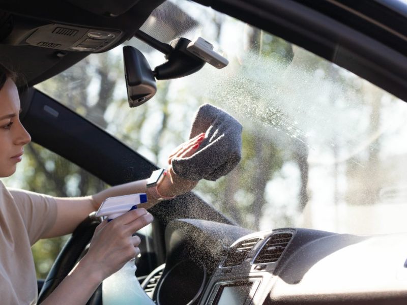 Eine junge Frau reinigt eine Autoscheibe von innen mit einem Putztuch.