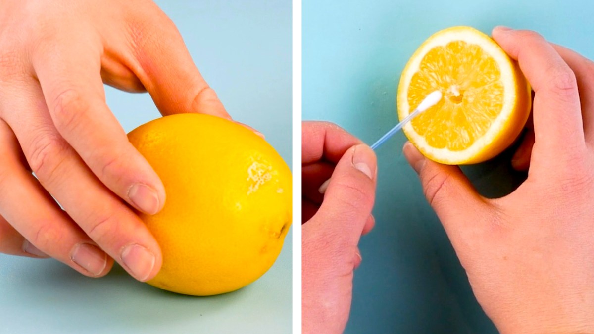 Links: ganze Zitrone | Rechts: Q-tip wird über Zitrone gerieben