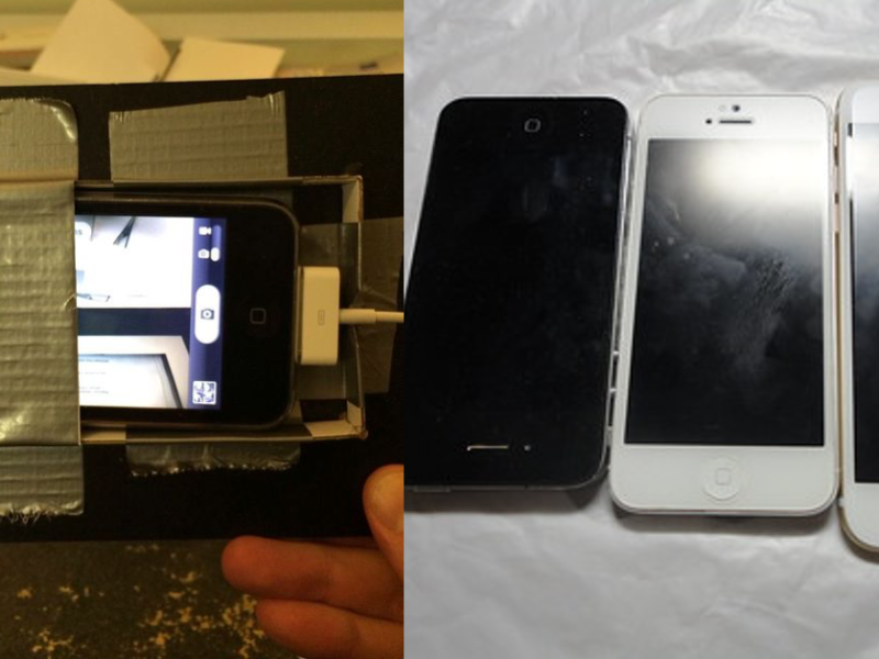 Links ein Handy, dass zur Sicherheitskamera umfunktioniert wurde und mit Tape an der Wand befestigt wurde, rechts 3 alte Iphones