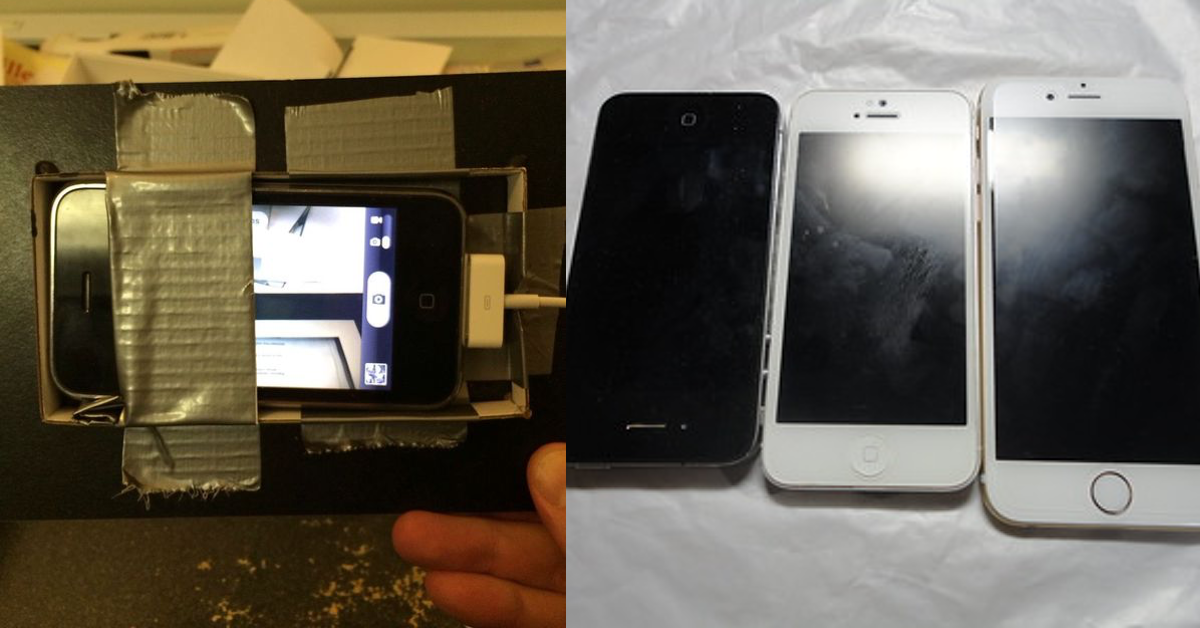 Links ein Handy, dass zur Sicherheitskamera umfunktioniert wurde und mit Tape an der Wand befestigt wurde, rechts 3 alte Iphones