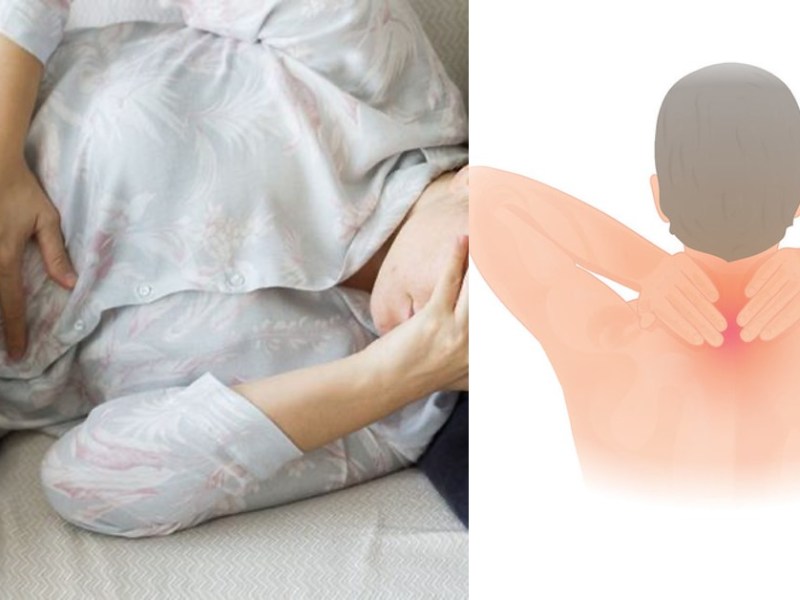 Person mit flauem Magen im Bett und Comic von Nackenschmerzen