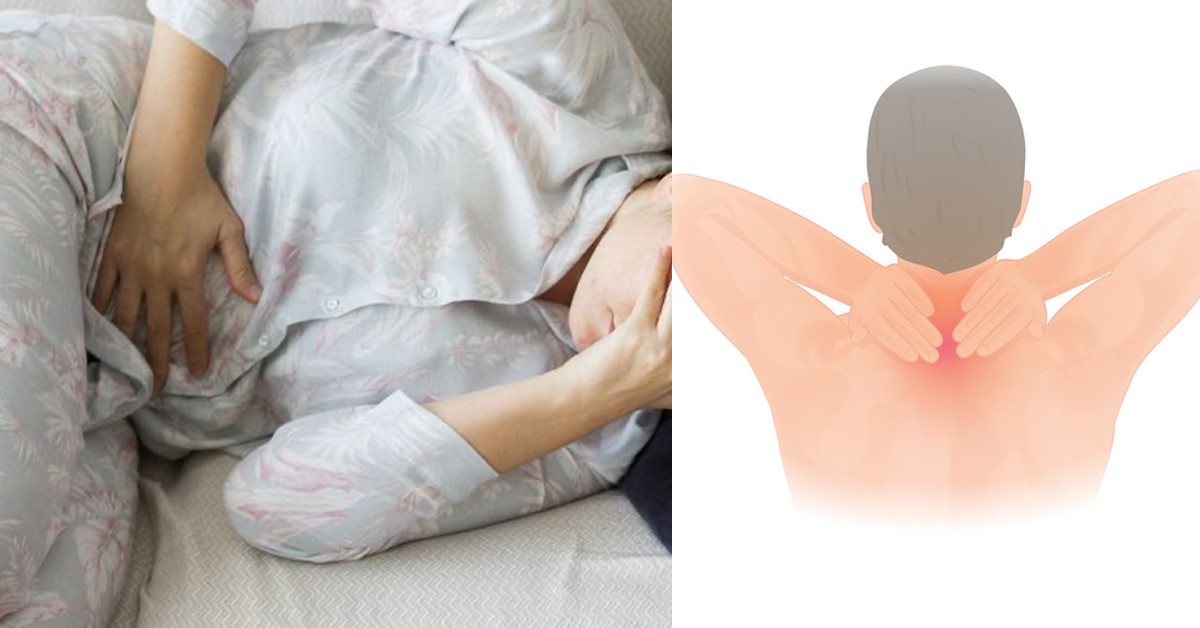 Person mit flauem Magen im Bett und Comic von Nackenschmerzen