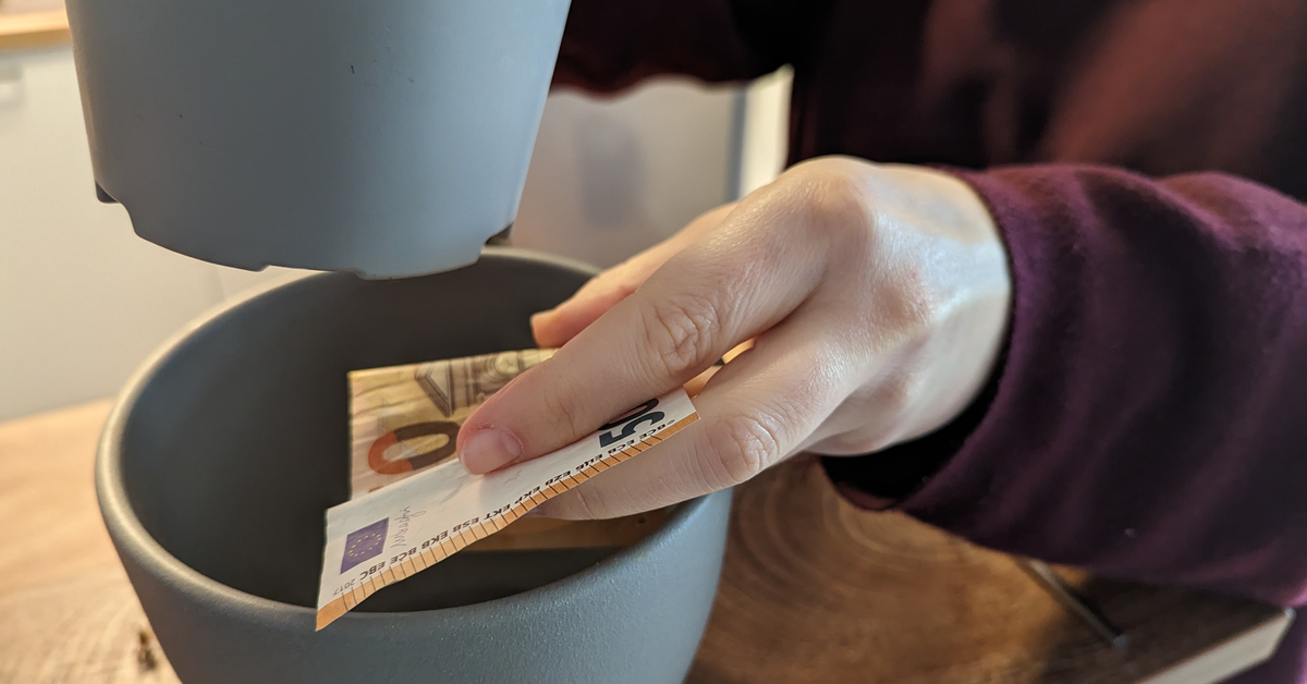 Ob das ein gutes Geldversteck ist? Ein Fünfzig-Euro-Schein wird unter eine Pflanze in den Blumentopf gesteckt