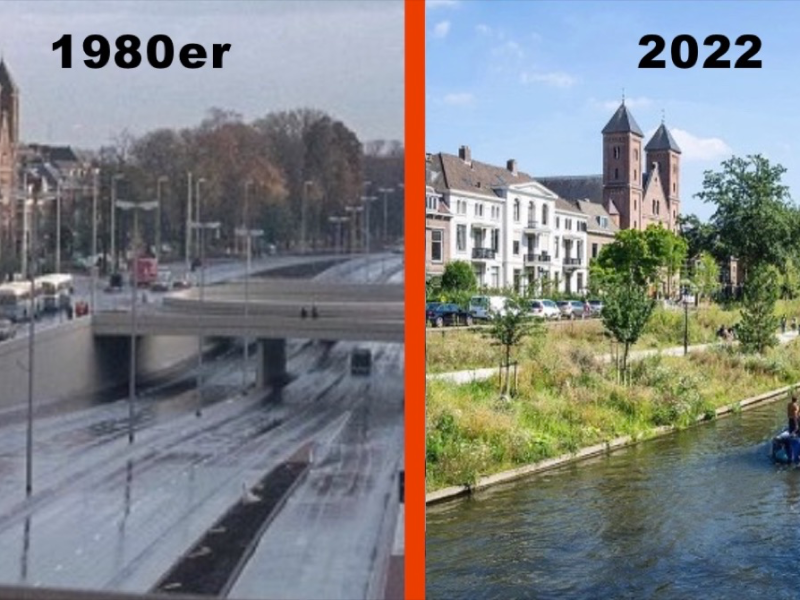 Zwei Bilder: Links sieht man die Stadt Utrecht mit Autobahn im Vordergrund, rechts die gleiche Kulisse, die Autobahn ist jetzt ein Stadtkanal