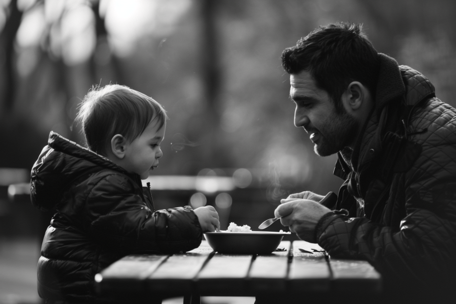 Ein Vater und sein Sohn essen draußen.