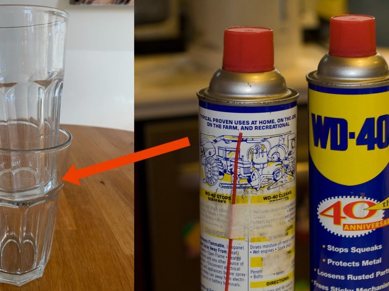 Verkeilte Gläser und zwei Flaschen WD-40