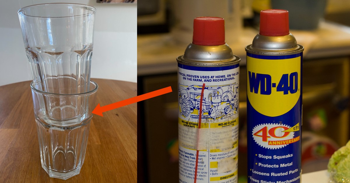 Verkeilte Gläser und zwei Flaschen WD-40