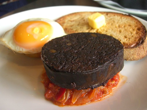 Black Pudding, Stewed Tomatoes, Hash Brown and a Fried Egg - Birdman Eating