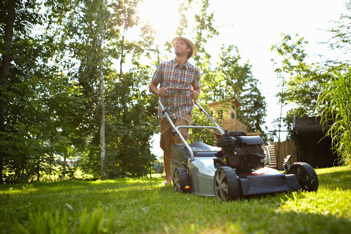 Mann mäht Rasen im Garten