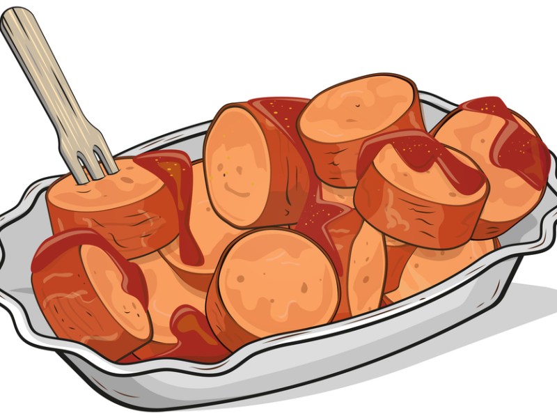 Illustration einer Currywurst auf einem Pappteller mit einer kleinen Gabel.