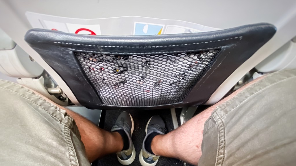 Eine Sitztasche im Flugzeug.