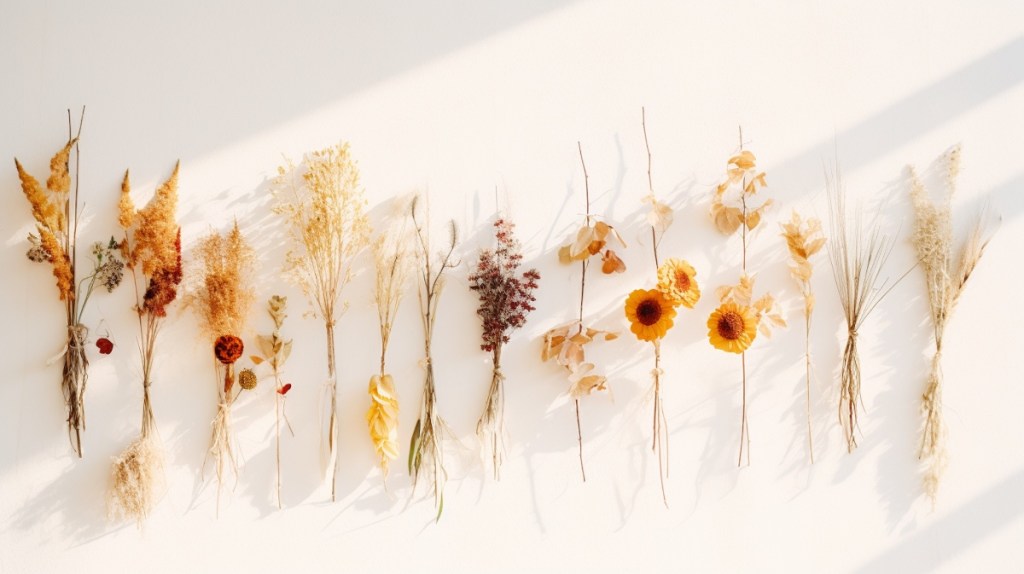 Trockenblumen hängen an einer Wand.