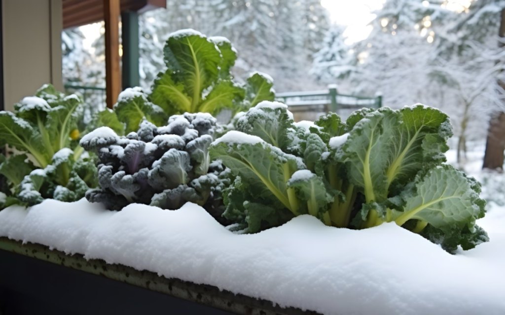 Wintergemüse in einem Blumenkasten auf einem Balkon im Winter.