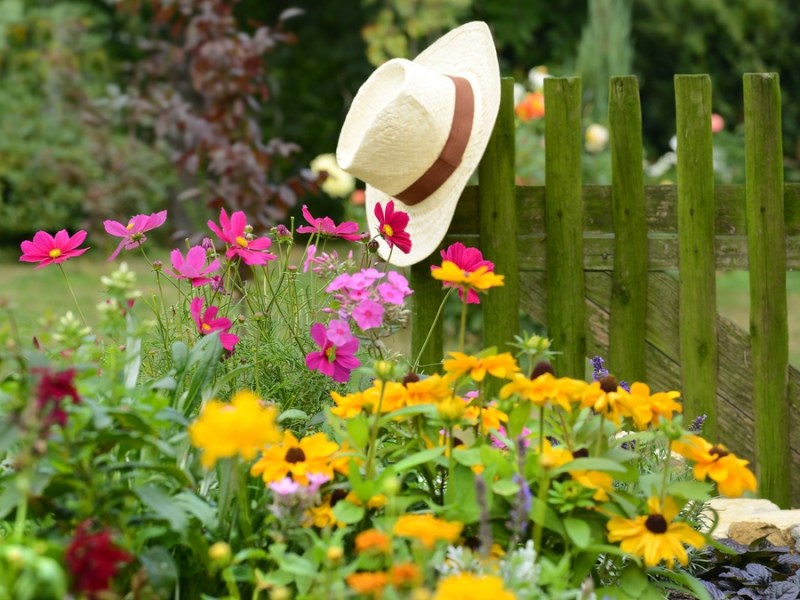 Ein blühender Garten, an dessen Zaun ein weißer Hut hängt.
