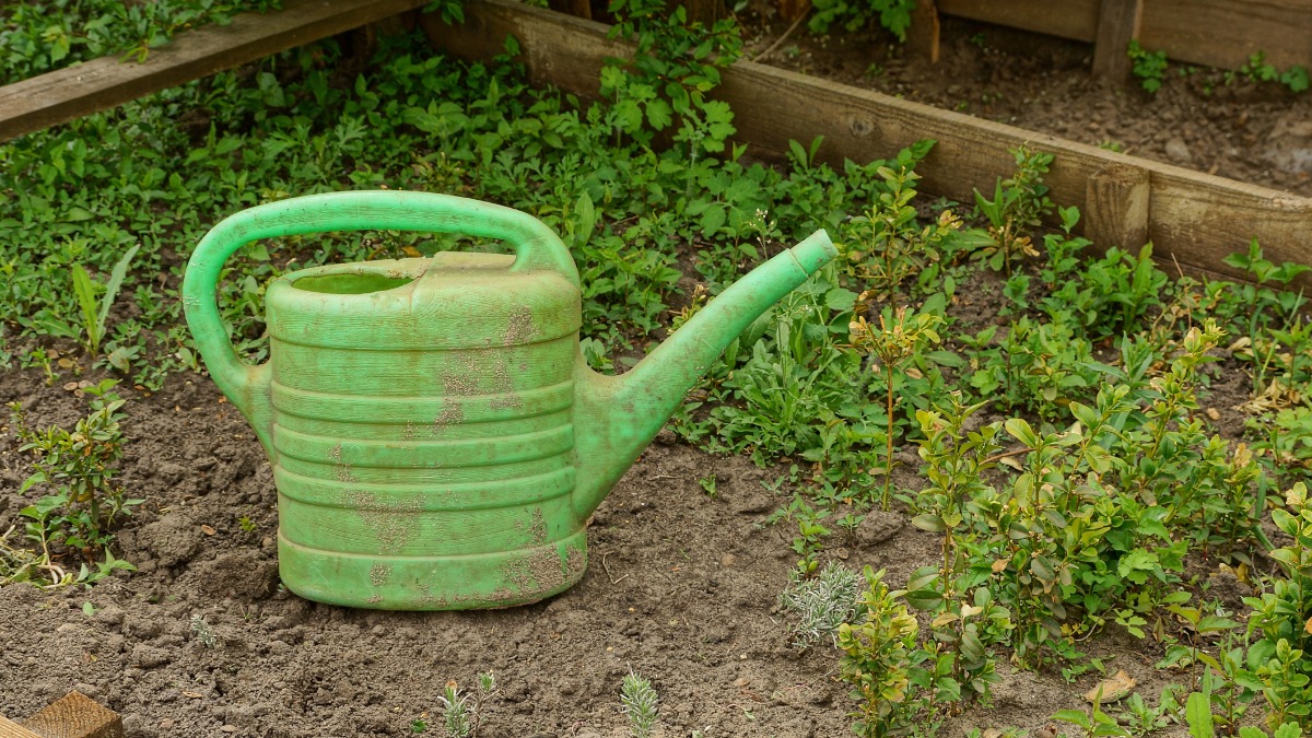 Verdreckte Kunststoff-Gießkanne im Garten