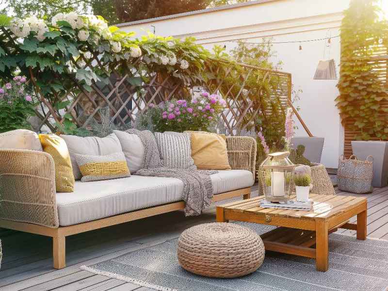 Ein gemütlicher Balkon mit Sofa-Möbeln und Sichtschutz-Pflanzen im Hintergrund.