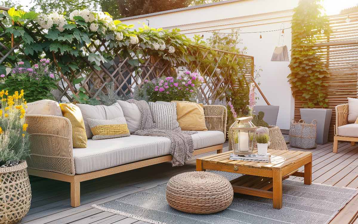 Ein gemütlicher Balkon mit Sofa-Möbeln und Sichtschutz-Pflanzen im Hintergrund.