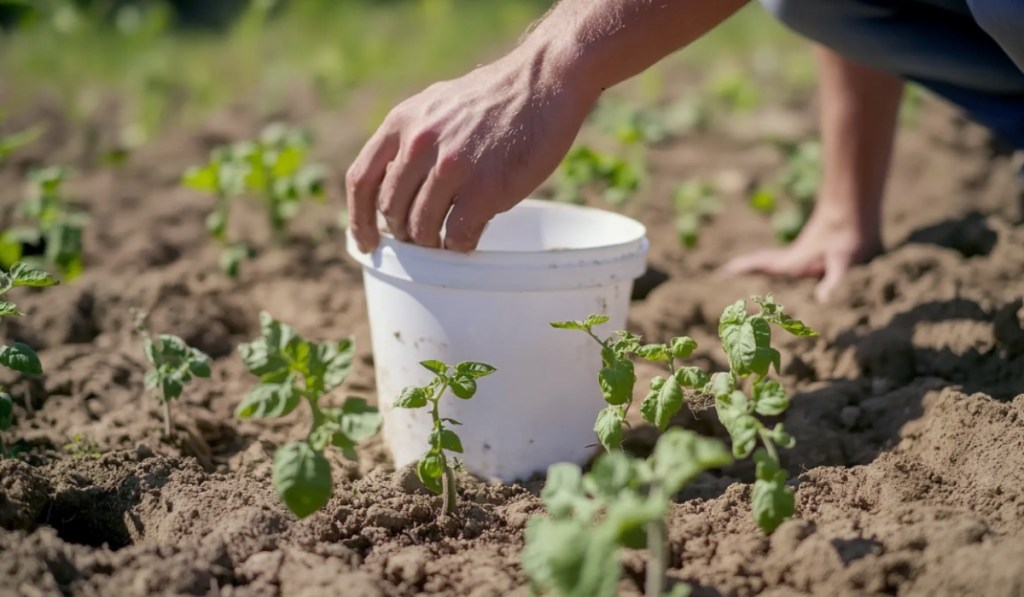 Ein Mann schützt Tomatensetzlinge auf einem Feld mit einem Eimer.