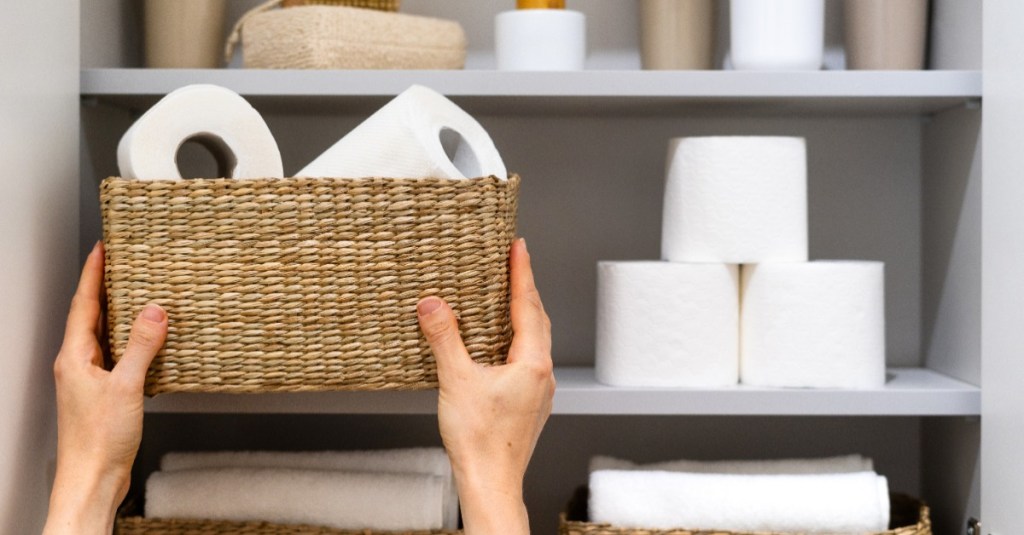 Frau stellt Korb mit Toilettenpapier ins Badregal