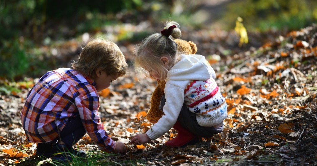 zwei Kinder sammeln im Wald Dinge vom Boden auf