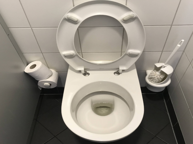 Eine Toilette, daneben Klopapier und ein KlobÃ¼rstenhalter.