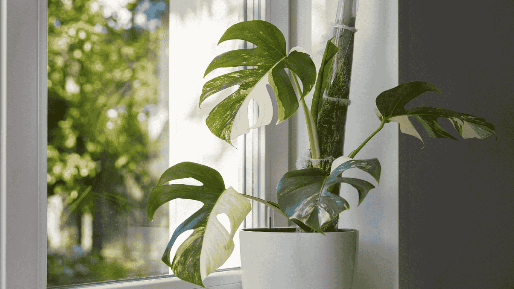 Monstera pflegen, Monstera auf dem Fensterbrett mit Rankhilfe