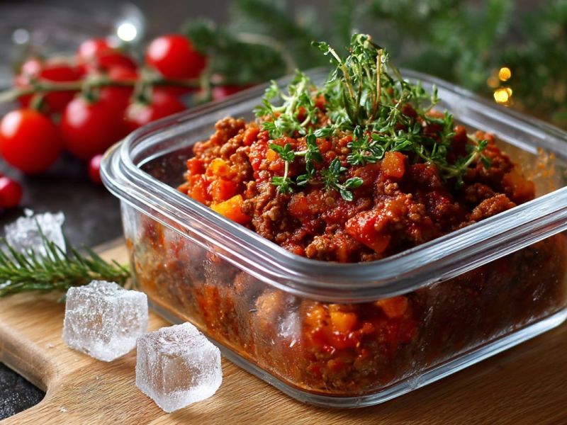 EIne Portion Bolognese in einer Aufbewahrungsbox aus Glas.