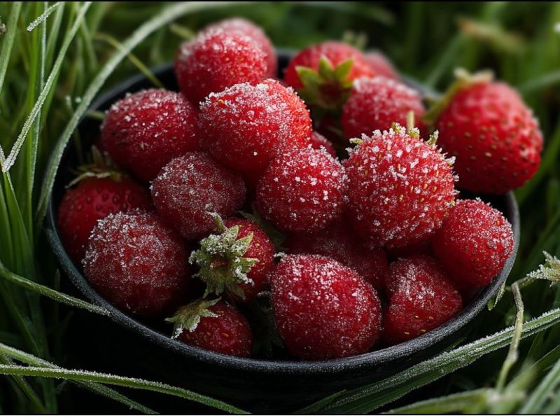 Eine Schüssel gefrorene Erdbeeren steht im Gras.