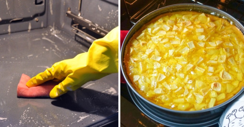 links im Bild: ein Backofen wird mit einem Handschuh und Lappen gereinigt, rechts im Bild: ein Kuchen wird aus einem Backofen geholt