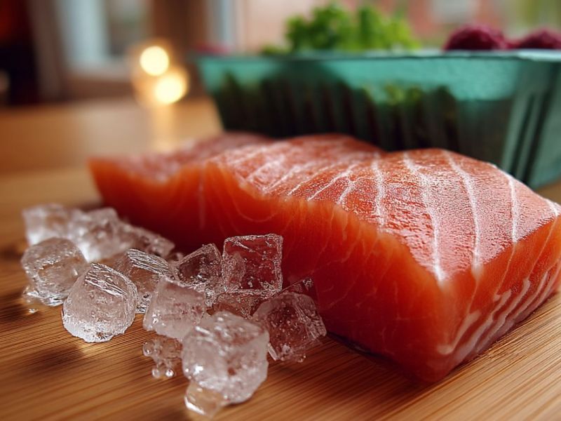Ein Stück Lachs liegt mit einigen Eiswürfeln auf dem Tisch.