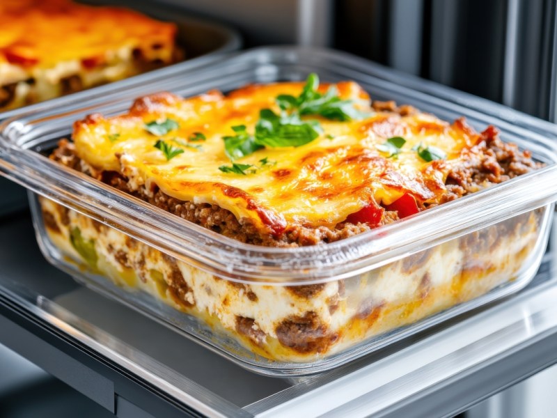 Eine frische Portion Lasagne liegt in einem Glasbehälter.