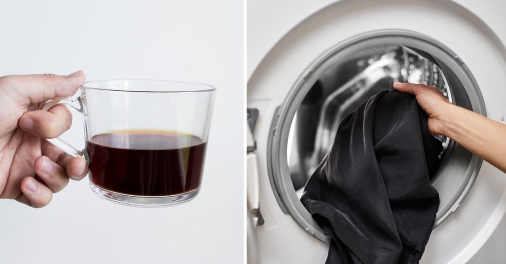Links: eine Tasse Kaffee. Rechts: eine Person steckt schwarze Wäsche in eine Waschmaschine.