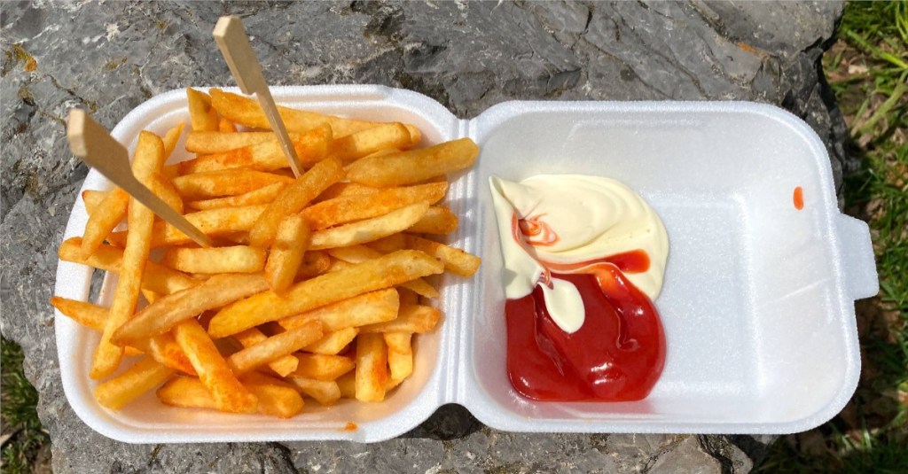 Eine Styroporverpackung mit Pommes