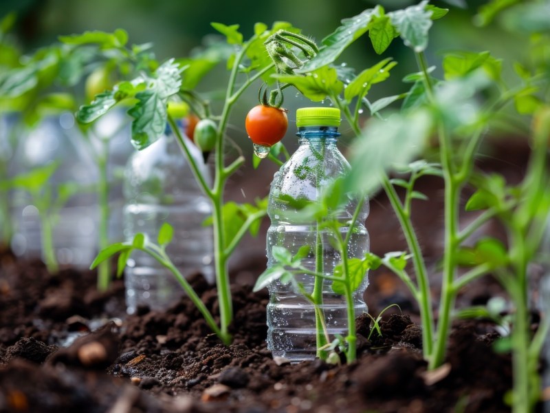 Ein Bewässerungssystem aus Plastikflaschen steckt in einem Beet, um Tomaten zu gießen.